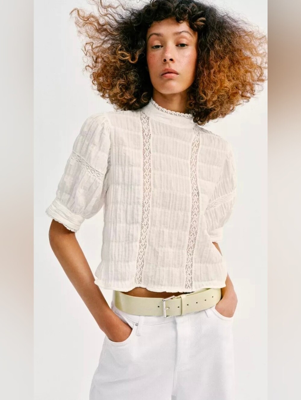 NWT Zara Cream Textured Pleated Lace Trim Puff Sleeve Crop Top Blouse Size M